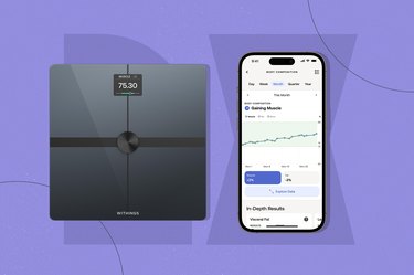 The Withings Body Smart scale next to a smartphone showing the Withings app, on a purple background