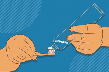 Illustration of someone squeezing a tube of toothpaste labeled as expired onto a toothbrush