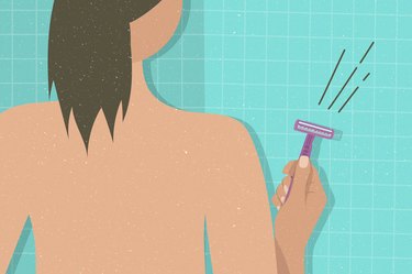 illustration of the back view of a person in the shower holding a purple razor, wondering how to get rid of nipple hair