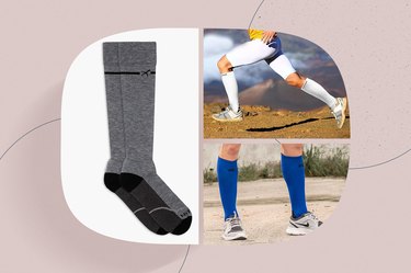 a collage image of the best compression socks, according to a doctor, against a pink background