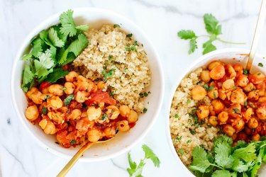 Spicy Chickpea Quinoa Bowls on marble table