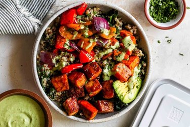 Sheet Pan BBQ Tofu bowl with vegetables and avocado