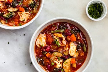 Fire-Roasted Tortellini Minestrone Soup on table