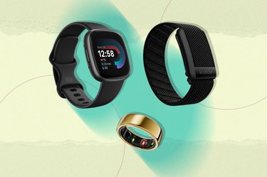 Three of the best fitness trackers, the WHOOP, the Oura ring, and the Fitbit Versa, on a colorful background