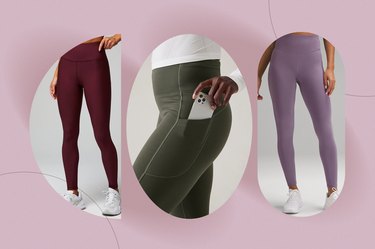 Collage of three of the best fleece-lined leggings for winter workouts against a pink background.