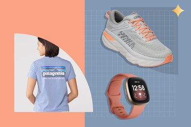 collage of REI fitness Cyber Week sales on pink and blue background.