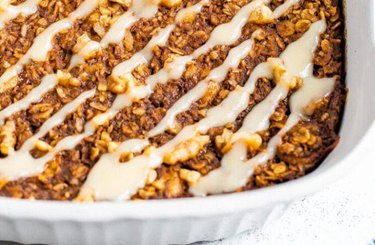 Gingerbread Baked Oatmeal in a white baking pan