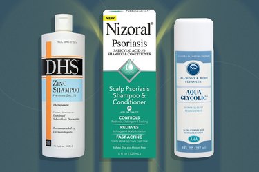 collage of some of the best psoriasis shampoos on a dark blue background