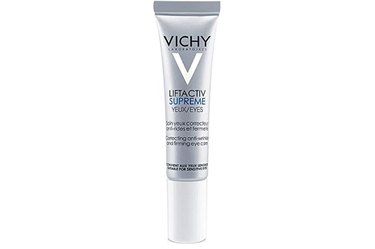 a photo of a silver tube of Vichy LiftActiv Supreme Eyes on a white background
