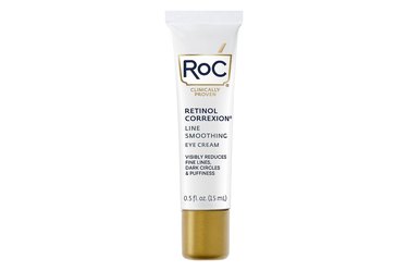 a tube of RoC Retinol Correxion Line Smoothing Eye Cream on a white background