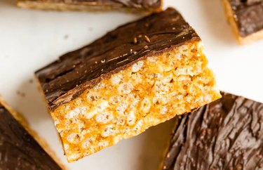Vegan Rice Krispie Treats with a chocolate topping