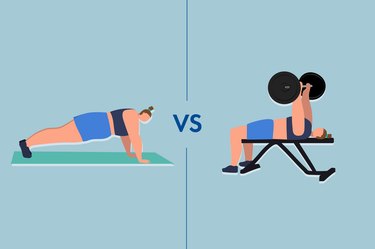 illustration of a person doing push-ups vs bench presses on a blue background