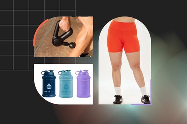three products on sale for Black Friday (shorts, massage gun and water jug) against a dark background