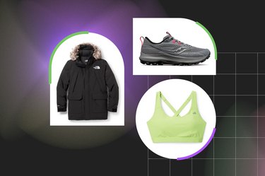 a North Face parka, Saucony running shoes and Adidas sports bra on a dark background for REI's Cyber Week 2023 Sale