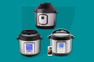 collage of 3 instant pots on blue background