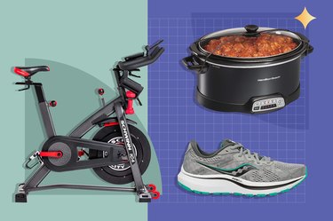 Stationary bike, slow cooker and running shoe on teal and blue background for Amazon Black Friday deals