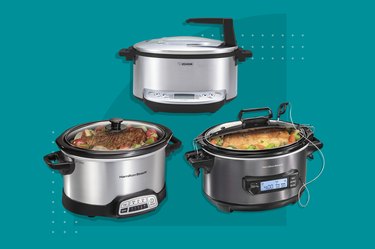 collage of 3 slow cookers on blue background