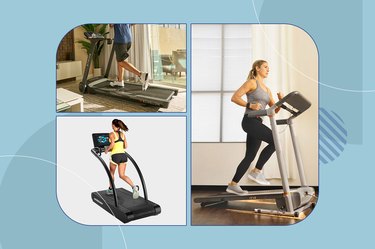collage of the best treadmills for home use isolated on a teal background