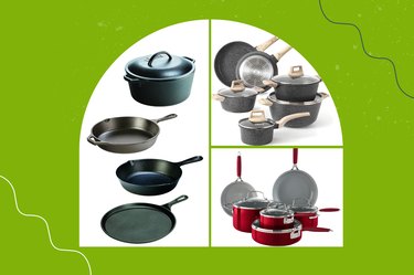 Collage of the best cookware sets experts recommend, including brands like lodge, carote and food network and