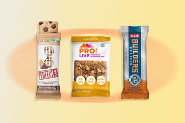 a collage of some of the best protein bars for weight gain, including Perfect Bar, ProBar, and Clif Builders bar on a yellow background