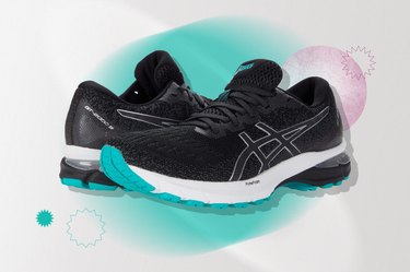 ASICS GT-2000 9 running shoes isolated on a white, teal and pink watercolor background