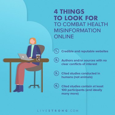 An illustration of a person sitting at a desk with a laptop and iced coffee on a blue background with four texts to look for to combat misinformation about health online.  Four things are: Reliable and reputable websites, authors and/or sources with no apparent conflict of interest. Cited studies performed in humans (not animals); cited studies include at least 100 participants (ideally more).