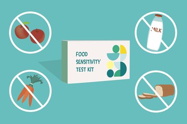an illustrated graphic of apples, carrots, bread and milk with lines through them crossing them out surrounding a white rectangular food sensitivity test kit box on a teal background
