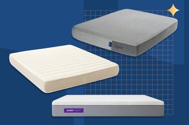 Three mattresses on a dark blue background with a gold star in the top right corner