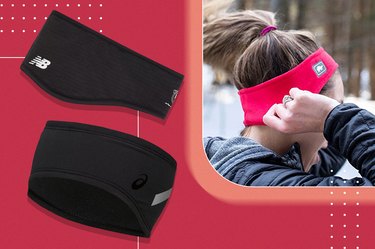 two black headbands for cold-weather workouts and a person with a ponytail wearing a red headband