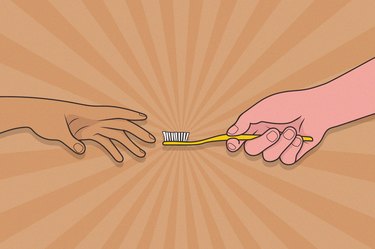 Illustration of a person handing a toothbrush to someone else