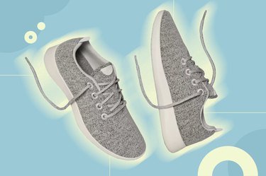Gray Allbirds sneakers, which are on sale, over blue background