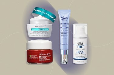 collage of some of the best upper eyelid creams including garnier, kiehls and eltaMD on a tan background