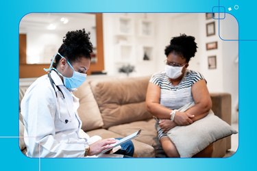 an older woman sitting on the couch and talking to a doctor about a loved one's care