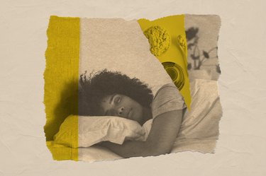 A mixed media image of a person with curly black hair sleeping on their bed next to a jar of magnesium supplement powder, to help them get better sleep
