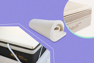 a collage of three of the best mattress toppers for side sleepers on a light purple mixed media background