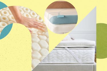 a mixed media collage of three of the best mattress toppers for back pain on a yellow, green, and blue background