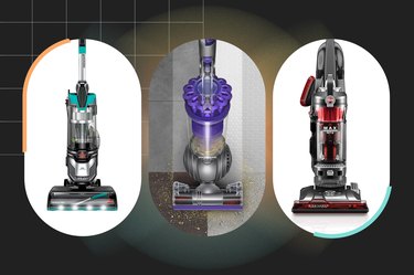 three of the best vacuums for indoor allergies on a dark grey and yellow mixed media background