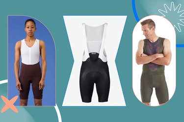 Collage of best cycling shorts on blue background.