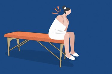 an illustration of a person wrapped in a white towel sitting on a massage table and holding their neck because they're sore after a massage