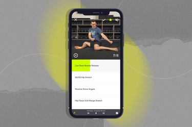 Image of the Movement Vault app on an iPhone on a gray and yellow background.