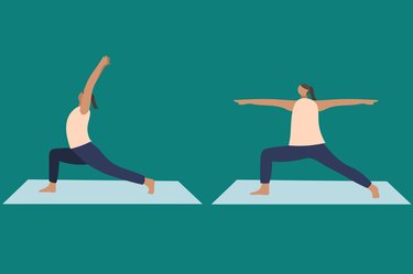 Illustration of 2 People Doing Warrior 1 and 11 Pose on a Yoga Mat