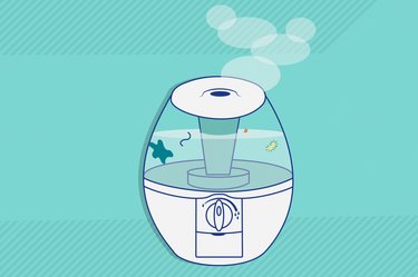 illustration of a humidifier with pathogens inside against a blue background