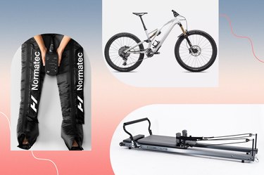 A collage of fitness equipment experts are glad they splurged on this year, including Normatec boots, a mountain bike and a Pilates reformer.