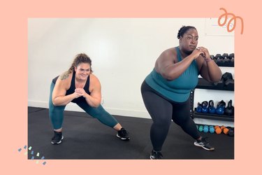 Personal trainer in teal leggings and a black tank top demonstrating how to do a lateral lunge with knee lift, while another trainer in a teal top and black leggings shows how to do a modified lateral lunge
