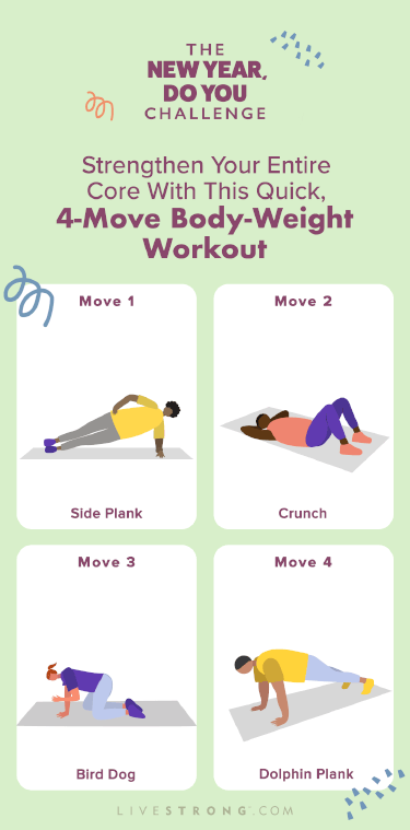 illustrated GIF of 4 people doing an beginner body-weight workout — side plank, crunch, bird dog and dolphin plank