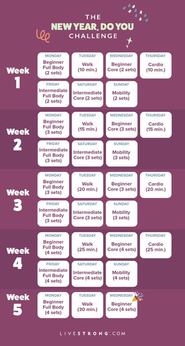 a maroon rectangular calendar graphic for the new year do you challenge listing the workout for each day with a beginner full-body workout on Sundays, a walk on Mondays, a beginner core workout on Tuesdays, cardio on Wednesdays, an intermediate full-body workout on Thursdays, an intermediate core workout on Fridays, and a mobility workout on Saturdays for the 31 days of January