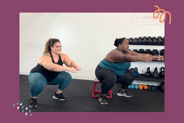 Personal trainer in teal leggings and a black tank top demonstrating how to do a squat, while another trainer in a teal top and black leggings shows how to do a box squat