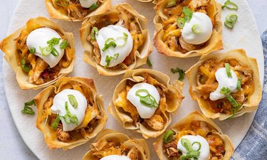 High Protein Muffin Tin Dinner Chicken Taco Wonton Cups on a white plate