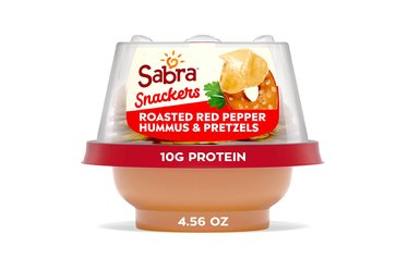 Sabra Snackers Roasted Red Pepper Hummus with Pretzels as best high protein vegetarian snacks