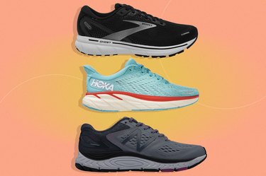 collage of three of the best running shoes of 2022 isolated on a peach and yellow background